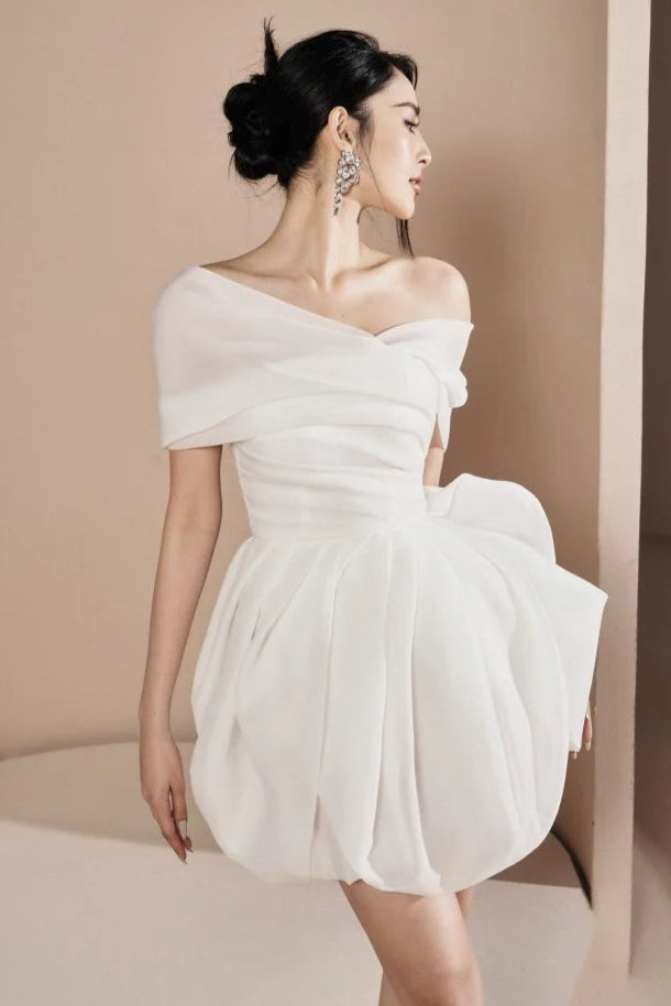ONE SHOULDER RUCHED MINI DRESS IN White