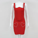 CRYSTAL HEART CORSET TWO PIECE DRESS IN RED