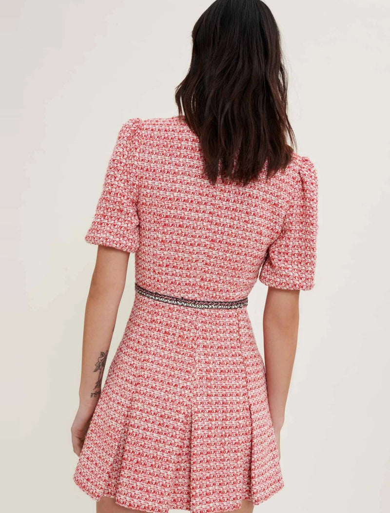 Tweed dress with ethnic trim in pink