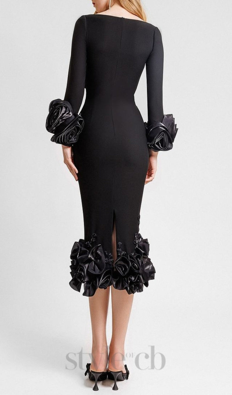 CATLIN BLACK FLOWER BANDAGE MIDI DRESS