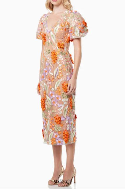 Mesh embroidered 3D flower V-neck puff sleeves midi dress in orange