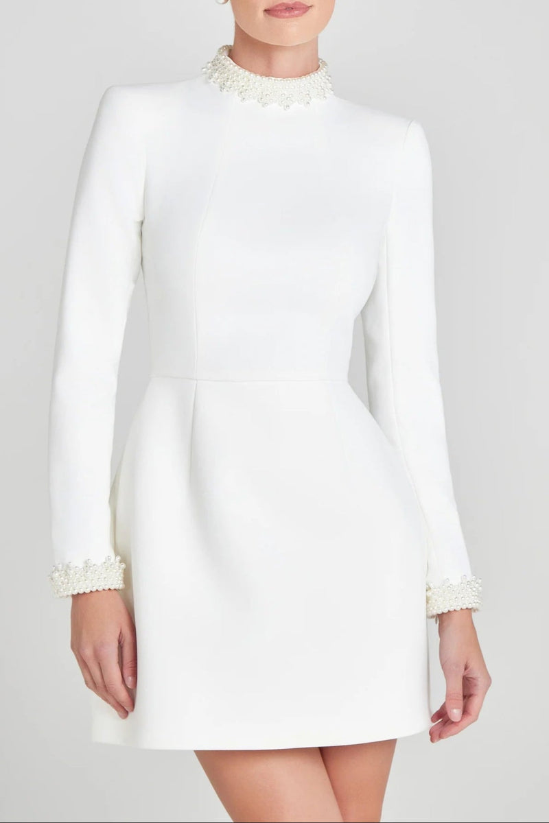 Beaded cuffs long sleeve mini dress in white