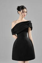 ELLEN ASYMMETRIC NECK TAFFETA MINI DRESS IN BLACK