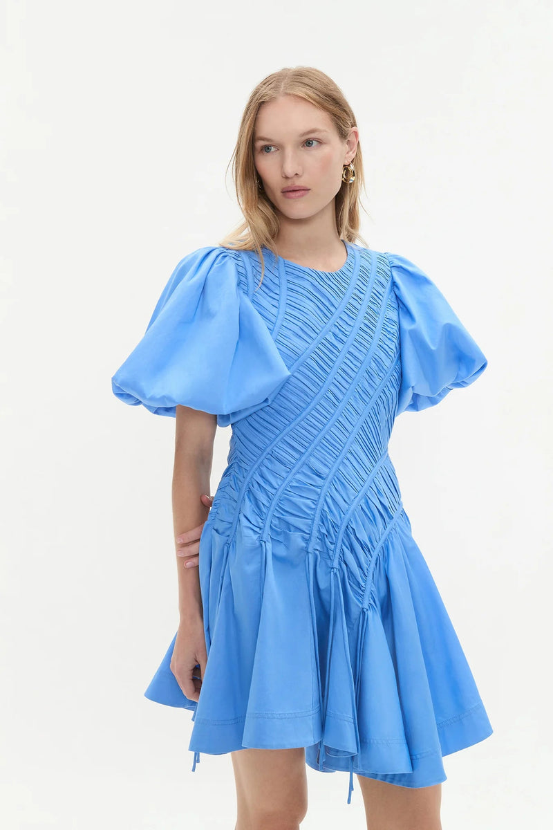 eudora Asymmetric pleated puff sleeve mini dress in mist blue