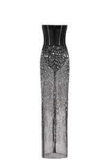 HAZEL CRYSTAL-COVERED STRAPLESS BLACK MAXI DRESS