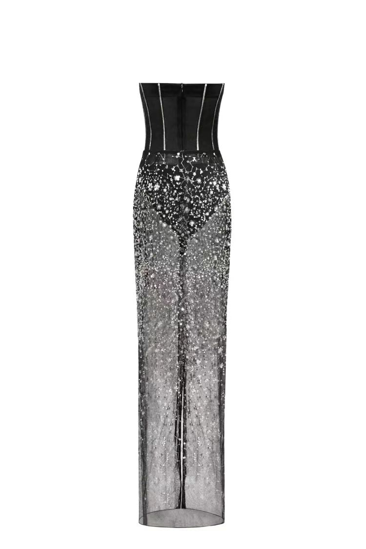 HAZEL CRYSTAL-COVERED STRAPLESS BLACK MAXI DRESS