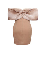Turmeric Off Shoulder Fur Trim Mini Dress
