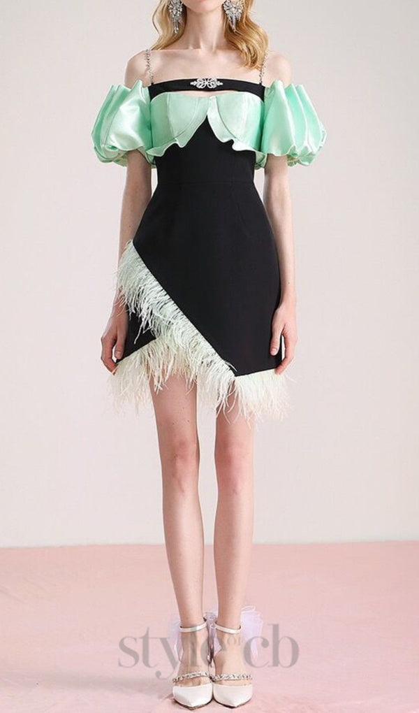 CIELO BLACK OFF-SHOULDER FEATHER MINI DRESS