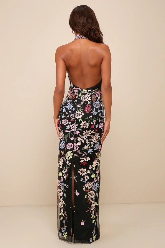 3D Floral Embroidered Halter Maxi Dress in black