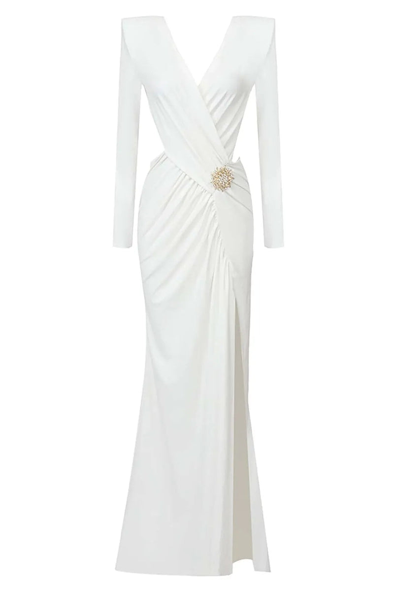 vanessa V-neck Ruched cutout Maxi Dress in white