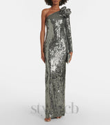 Floral-appliqué sequin gown in silver