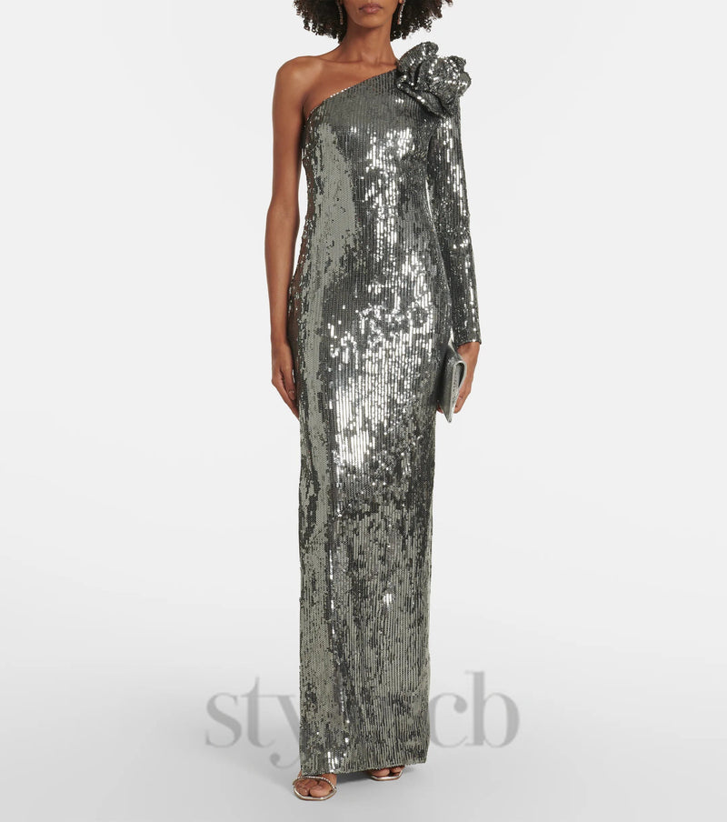 Floral-appliqué sequin gown in silver