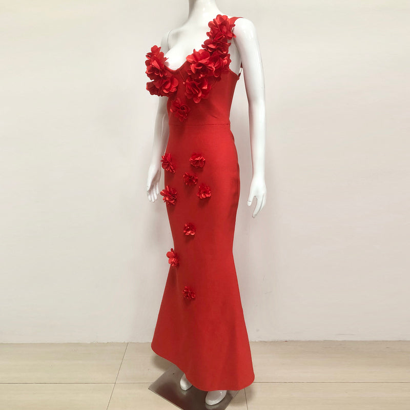 candice one-shoulder flower bodycon maxi dress in red