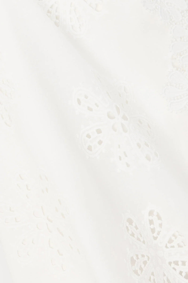 lace trim embroidery hollow midi dress in white