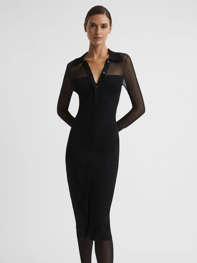 sheer knitted button-through midi dress in black