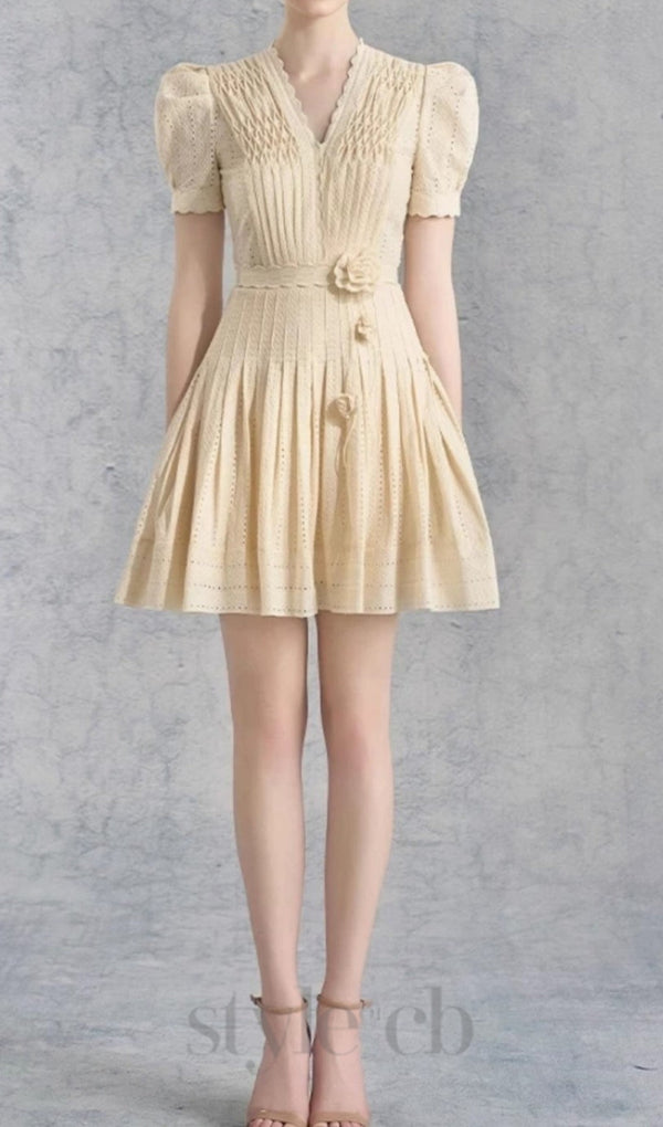 flower pleated mini dress in apricot