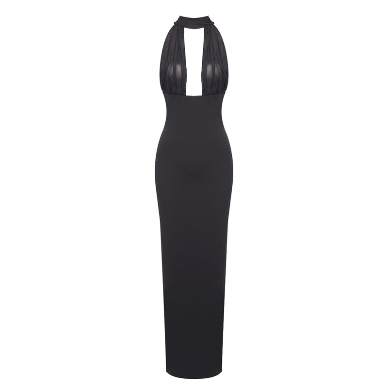 MERRY BLACK SHEER MESH UPPER PONTE LOWER MAXI DRESS