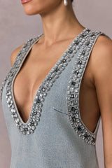Daphné blue crystal sleeveless denim mini dress