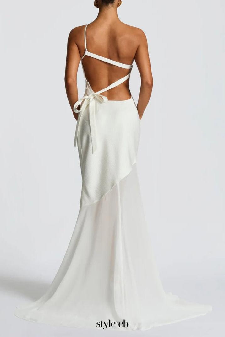 Lace-up beveled back satin maxi dress in ivory