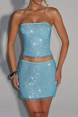 melissa sequin tube top mini skirt suit in blue