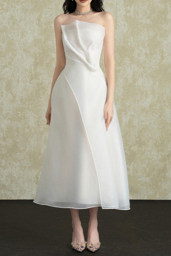 Strapless Layered Organza Midi Dress in white