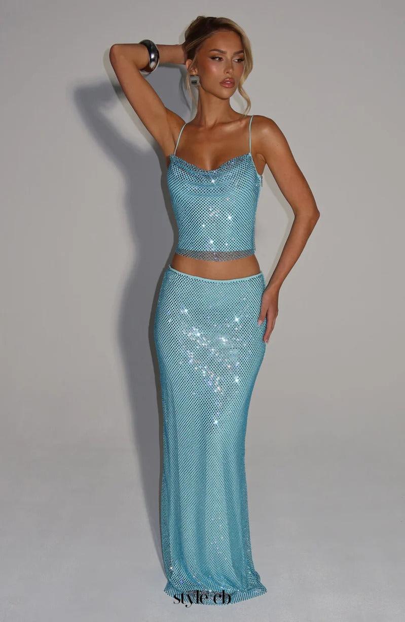 melissa sequin tube top maxi skirt suit in blue