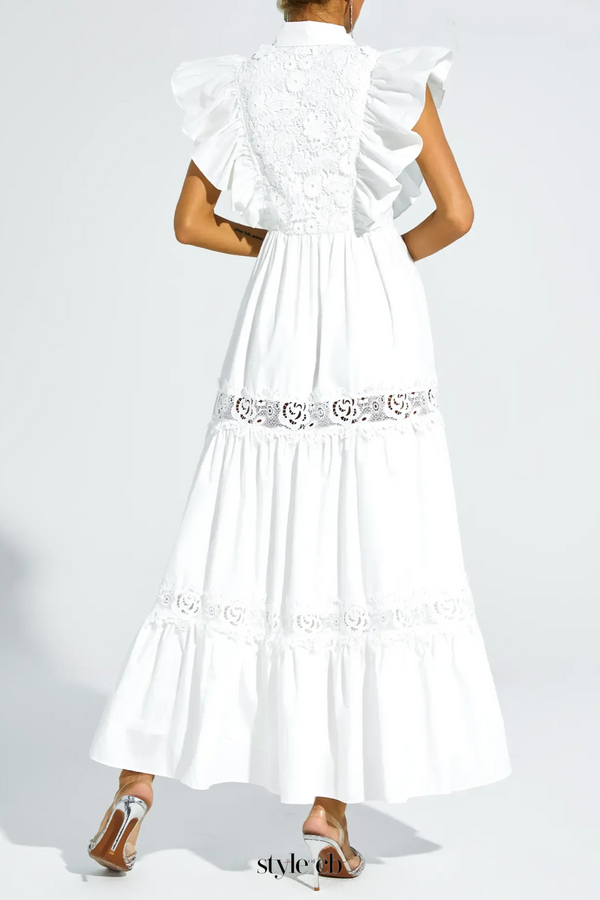 White Sleeveless Ruffle trim Midi Dress