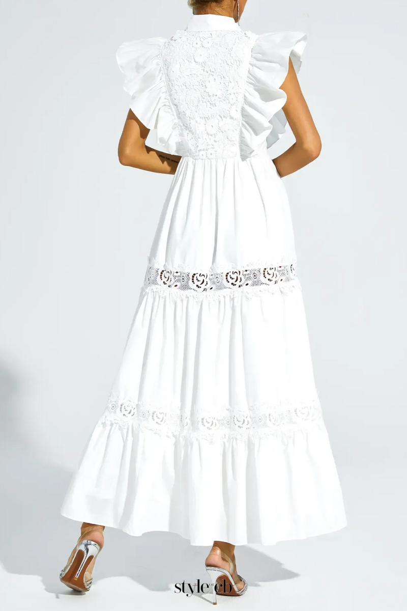 White Sleeveless Ruffle trim Midi Dress