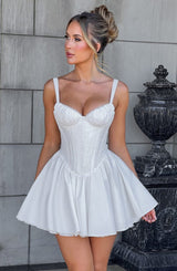 lace ruffle trim corset mini dress in white