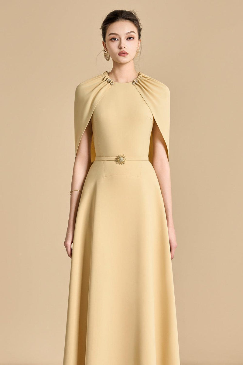 Jasmine A-line Cape Sleeved maxi Dress in yellow beige