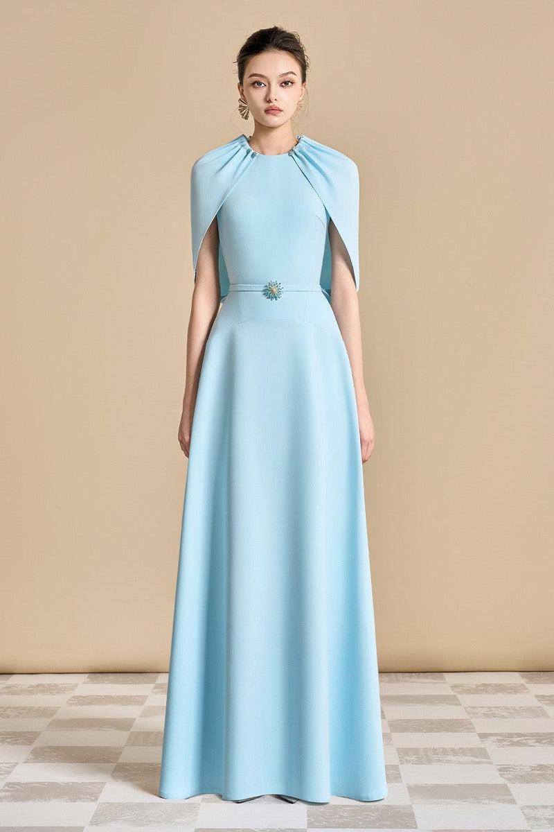 Jasmine A-line Cape Sleeved maxi Dress in light blue