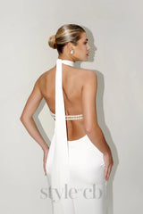 MIGNON SATIN BELT BACKLESS PEARL EMBELLISHED MAXI DRESS IN WHITE