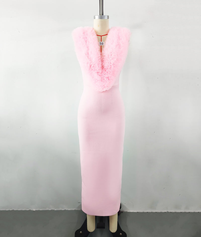 PINK SLEEVELESS FAUX FUR MIDI DRESS