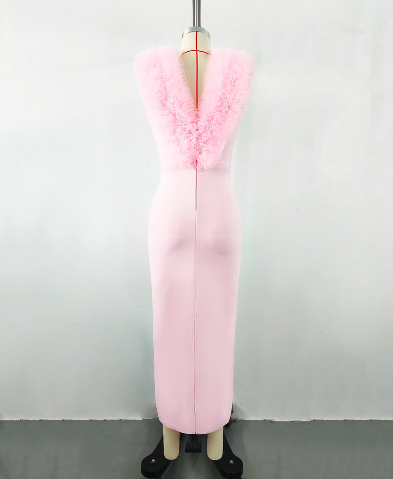 PINK SLEEVELESS FAUX FUR MIDI DRESS