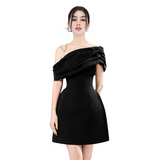 ELLEN ASYMMETRIC NECK TAFFETA MINI DRESS IN BLACK