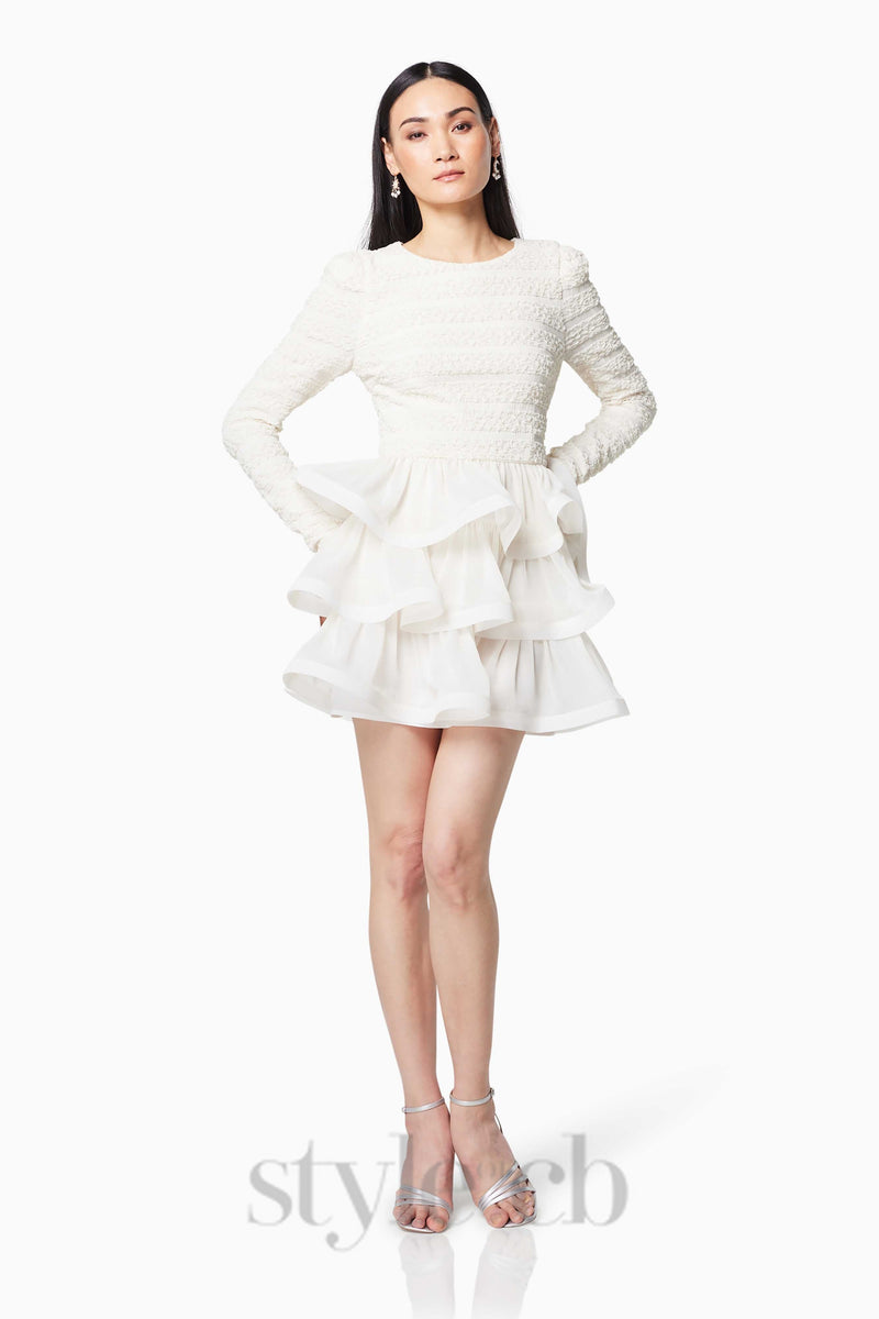 Ruffle trim Long Sleeved Mini Dress in white