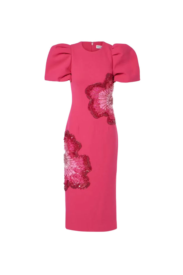 sequin flower Embellished puff sleeve Midi Dress in Pink