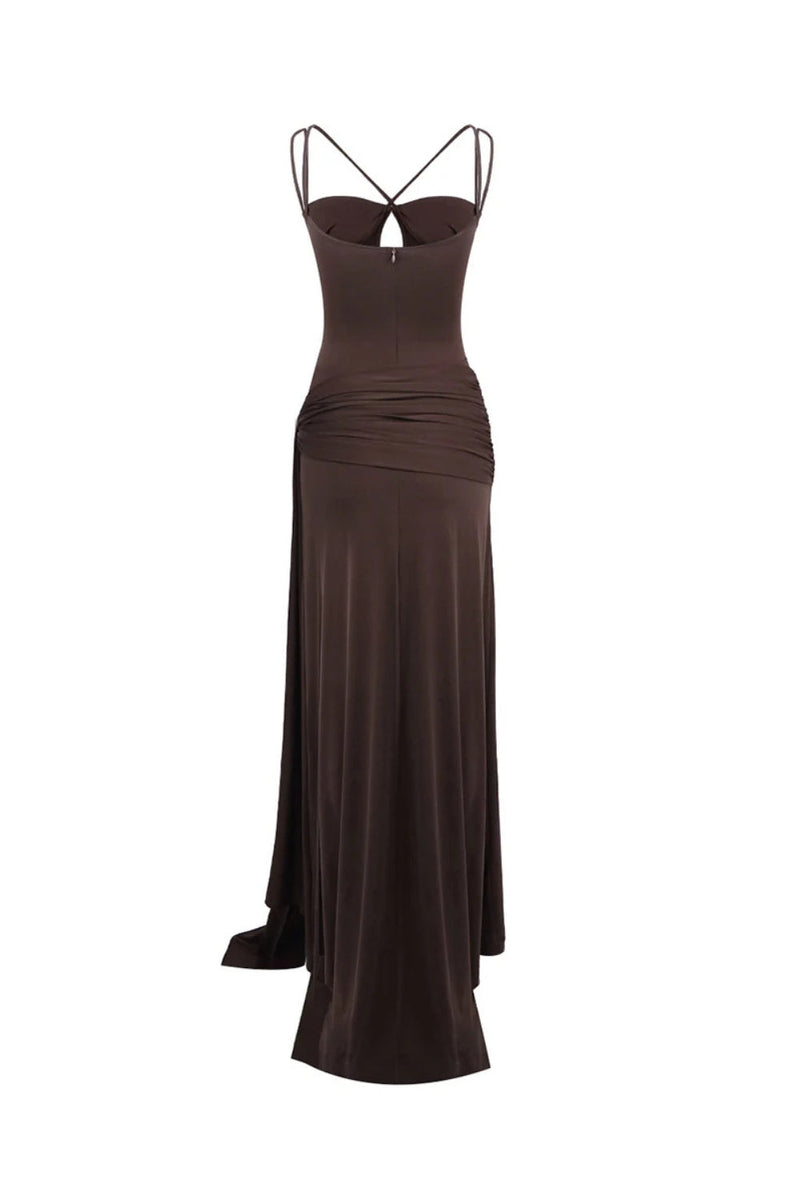 pleated Strappy Draped slit Maxi Dress in brown