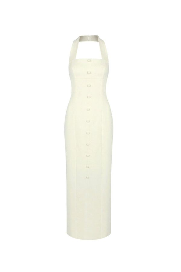 Almond Woven Halter Button Maxi Dress