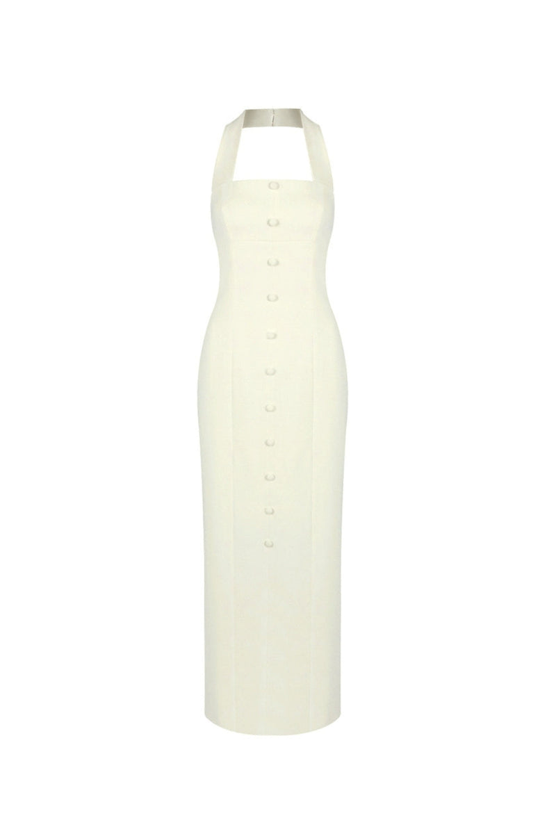 Almond Woven Halter Button Maxi Dress