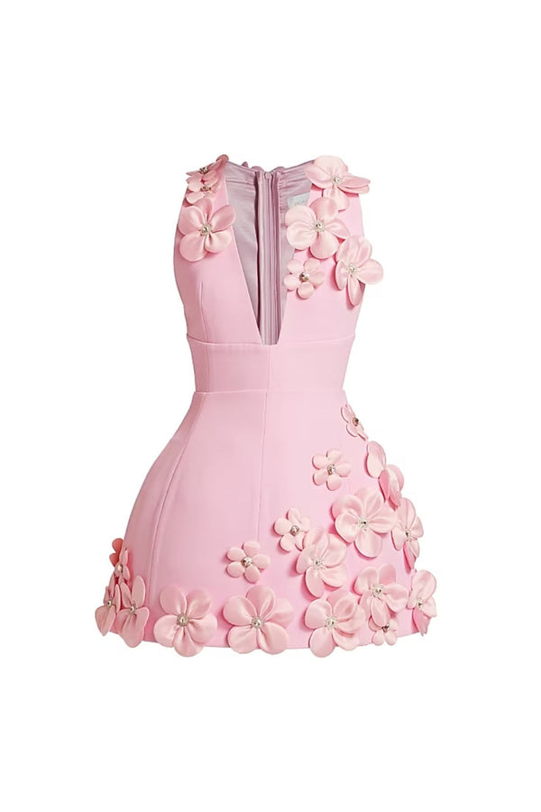 cynthia 3D Flower v-neck Sleeveless bodycon mini Dress in pink