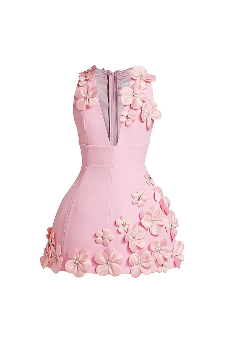 cynthia 3D Flower v-neck Sleeveless bodycon mini Dress in pink