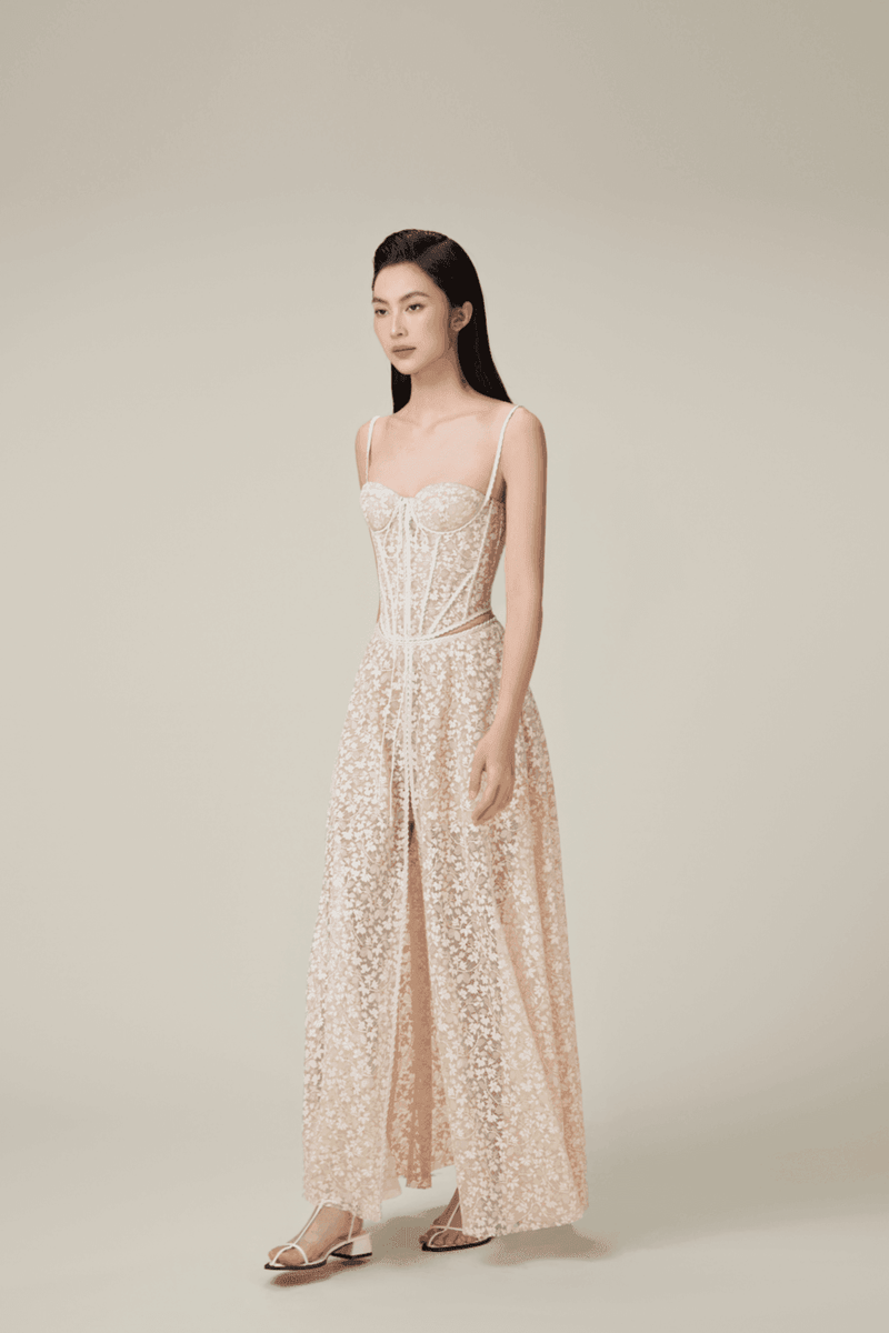 TESS LACE STITCHING HOLLOW SLIT MAXI DRESS IN APRICOT