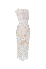 VANESSA SLEEVELESS LACE EMBROIDERED MIDI DRESS IN WHITE