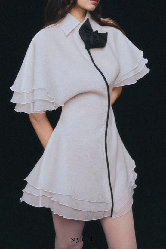 layer trim chiffon shirt mini dress in white