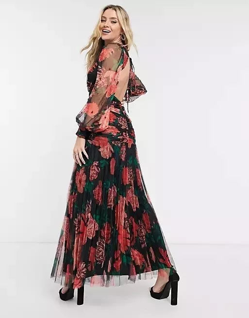 Maxi Sequin Floral Print Valentines Dress