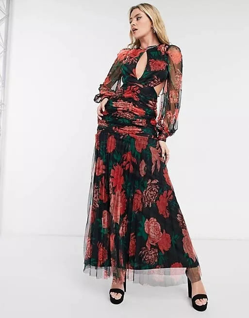 Maxi Sequin Floral Print Valentines Dress