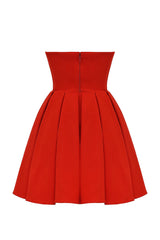 tomato red strapless pleated mini dress