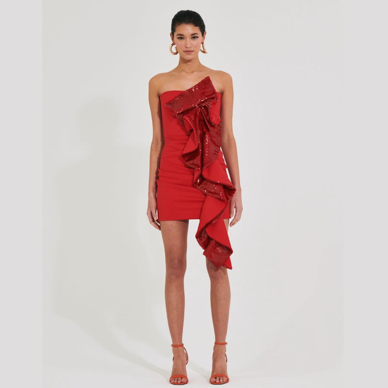 amelia sequin ruffle red mini dress