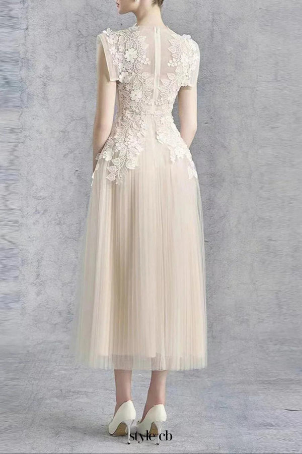 floral appliqué bodice sleeveless midi dress in beige